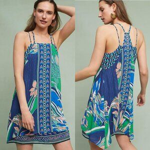 ANTHROPOLOGIE Layered Silk Dress Blue Green Print Sleeveless Halter NWT